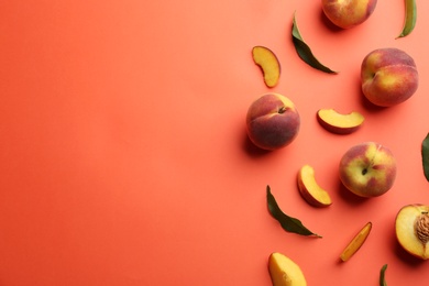 Flat lay composition with fresh peaches on coral background. Space for text