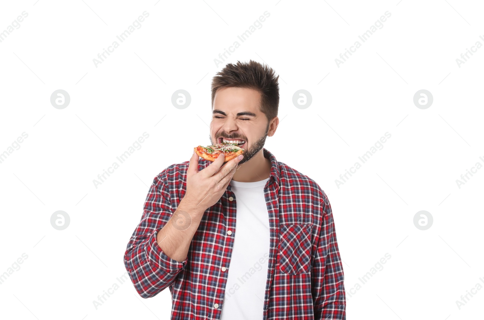 Photo of Emotional man eating pizza isolated on white