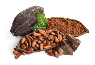 Photo of Composition with cocoa products on white background