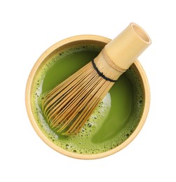 Cup of fresh matcha tea with bamboo whisk isolated on white, top view