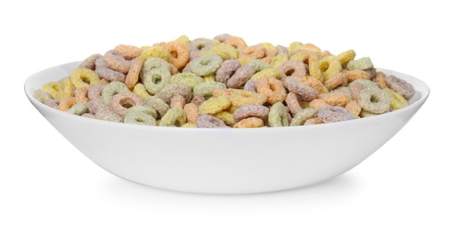 Photo of Tasty cereal rings in bowl isolated on white