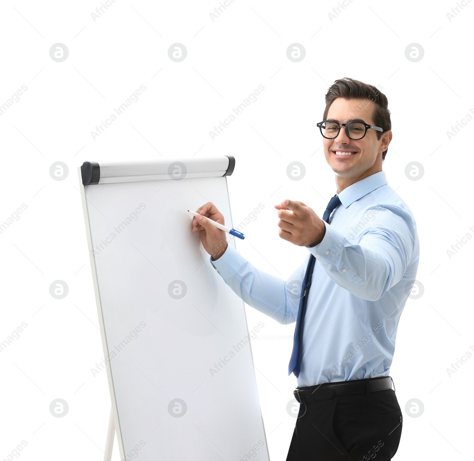 Photo of Professional business trainer near flip chart in office