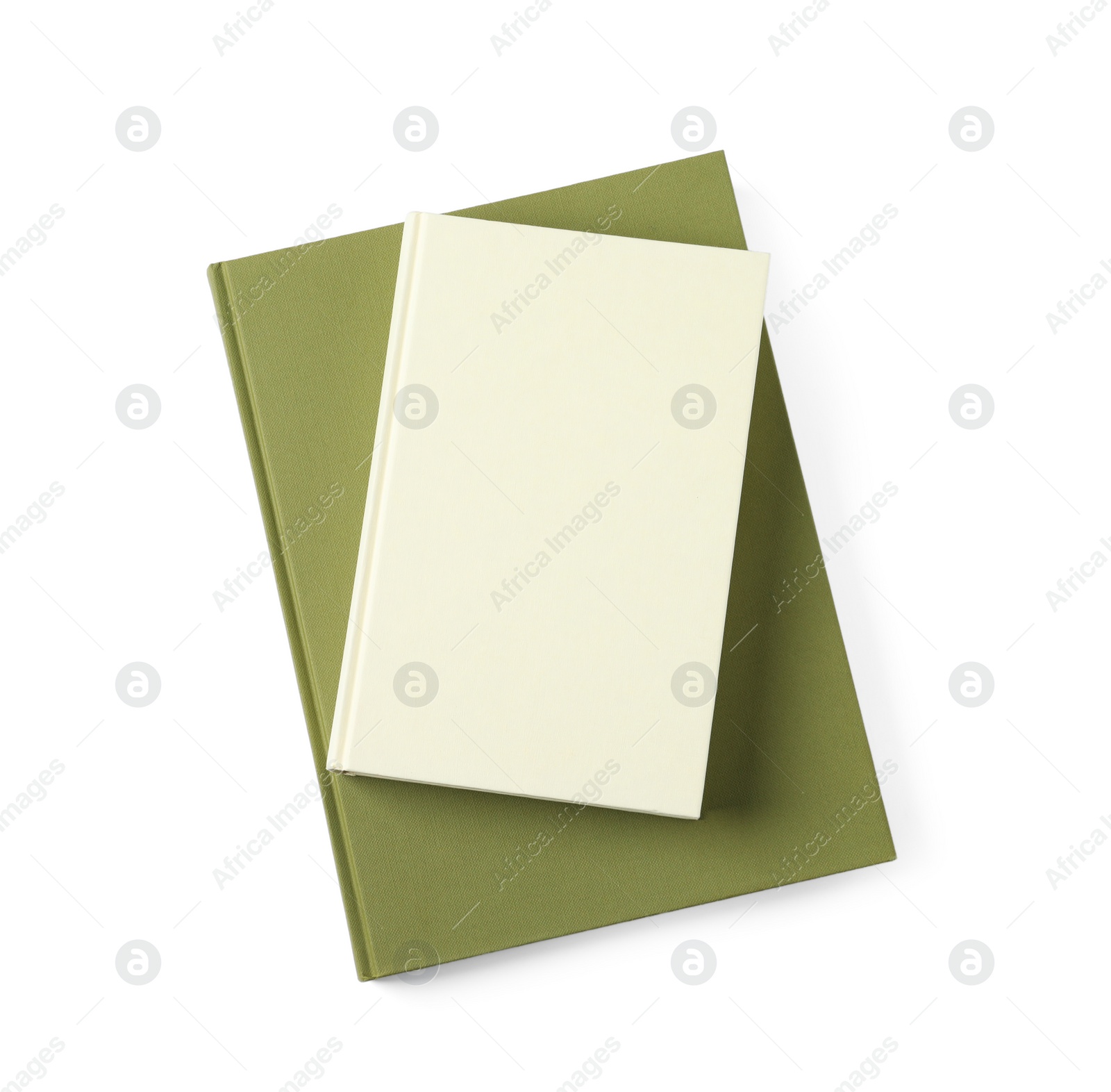 Photo of Hardcover books isolated on white, top view