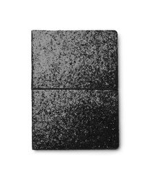 Photo of Stylish black glitter notebook isolated on white, top view
