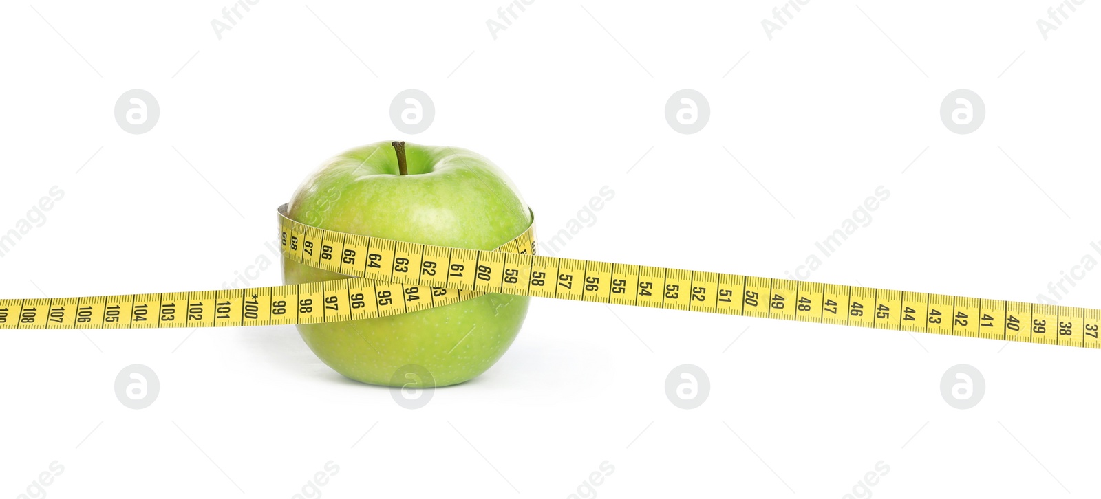 Photo of Apple and measuring tape on white background. Concept of weight loss