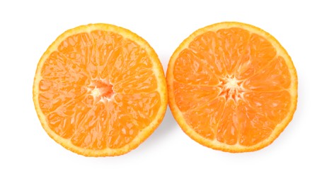 Cut fresh juicy tangerine isolated on white, top view