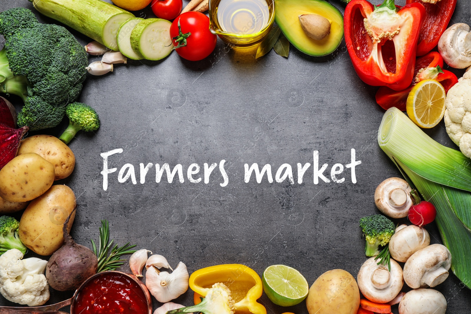 Image of Flat lay composition with fresh products on grey table. Farmers market