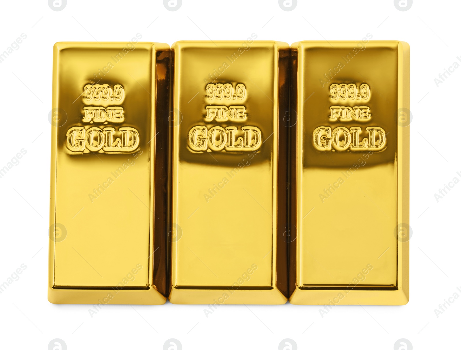 Photo of Shiny gold bars isolated on white, top view