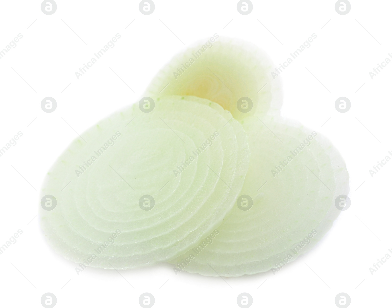 Photo of Slices of fresh ripe onion on white background