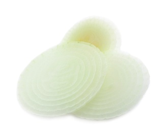 Photo of Slices of fresh ripe onion on white background