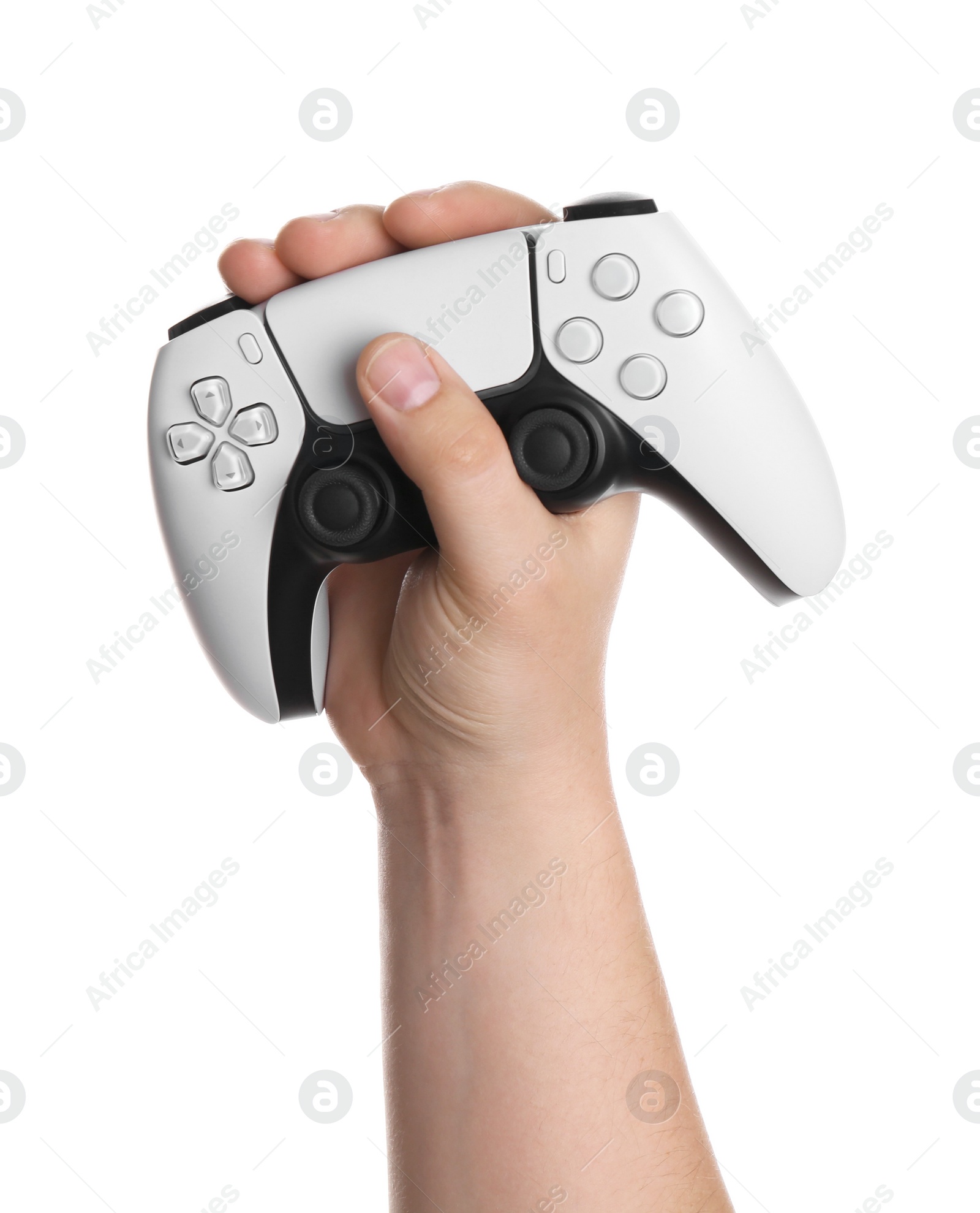 Photo of Woman holding wireless game controller on white background, closeup