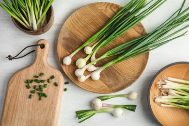 Photo of Beautiful composition with fresh green onion on table, top view