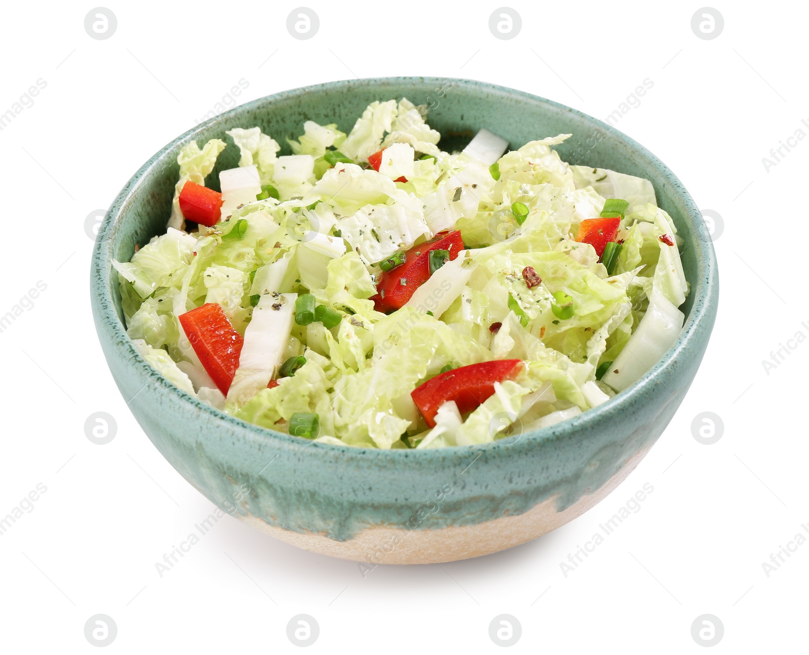 Photo of Tasty salad with Chinese cabbage, bell pepper and green onion in bowl isolated on white