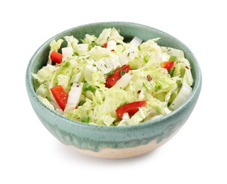 Photo of Tasty salad with Chinese cabbage, bell pepper and green onion in bowl isolated on white