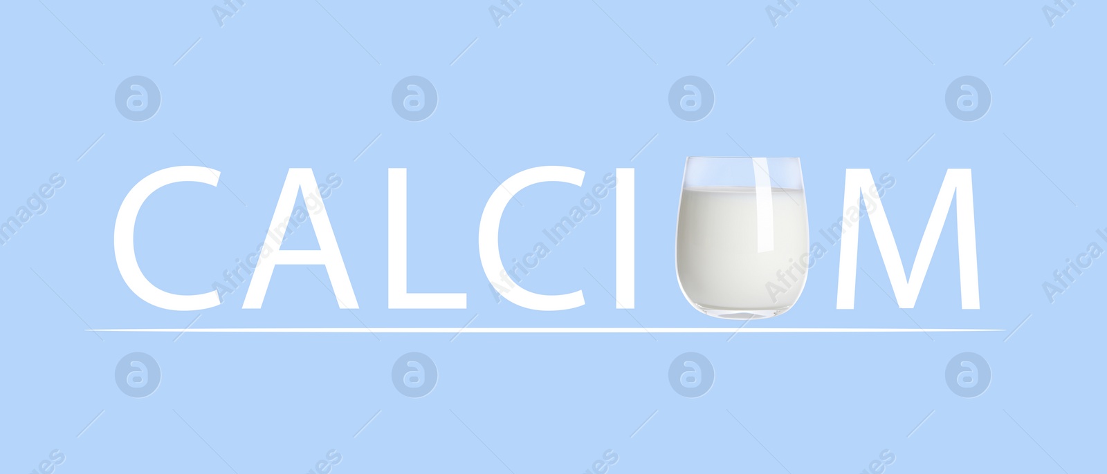 Image of Word CALCIUM made of letters and milk on light blue background, banner design. Source of calcium