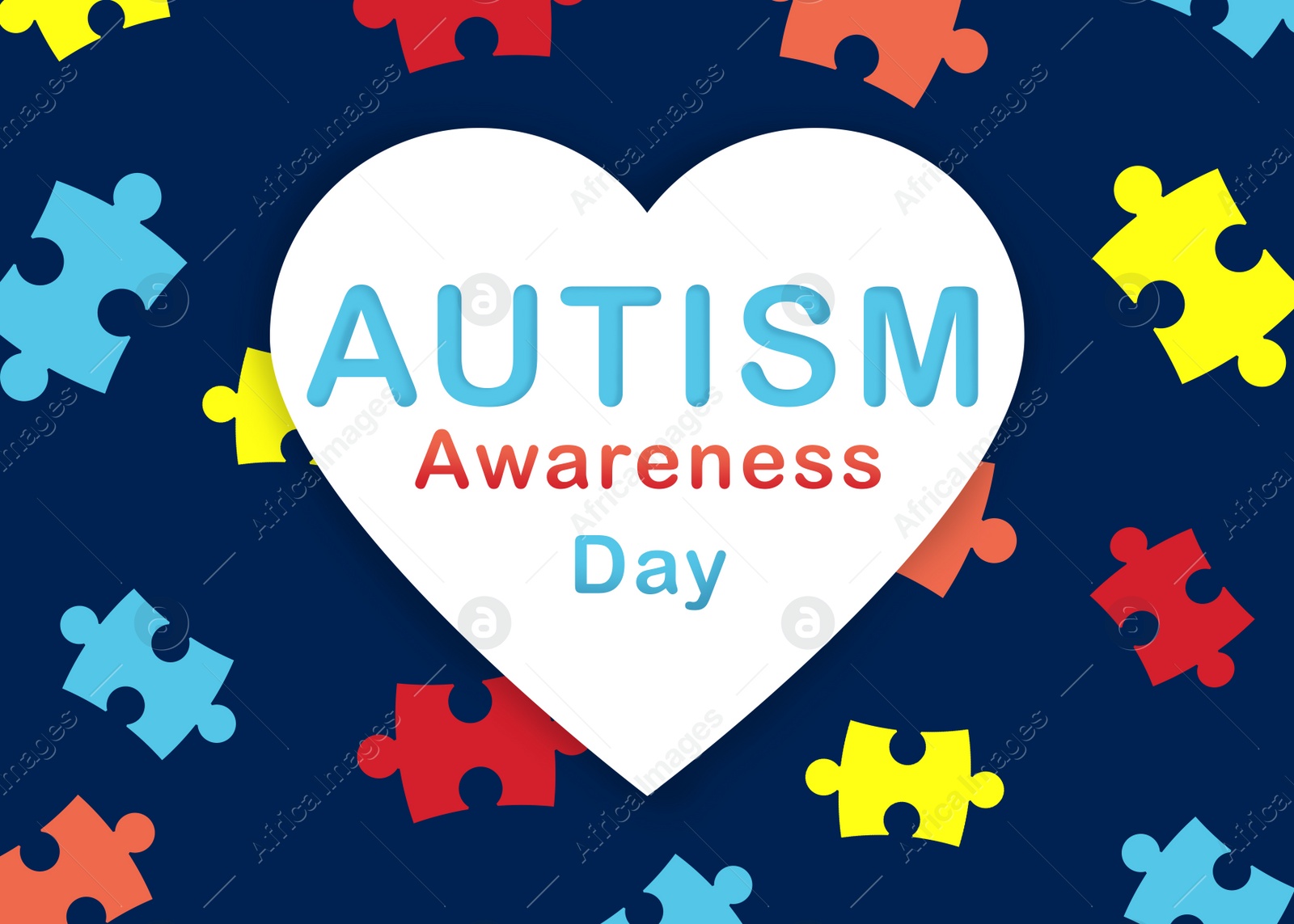 Illustration of World Autism Awareness Day. White heart with text and colorful puzzle pieces on dark blue background