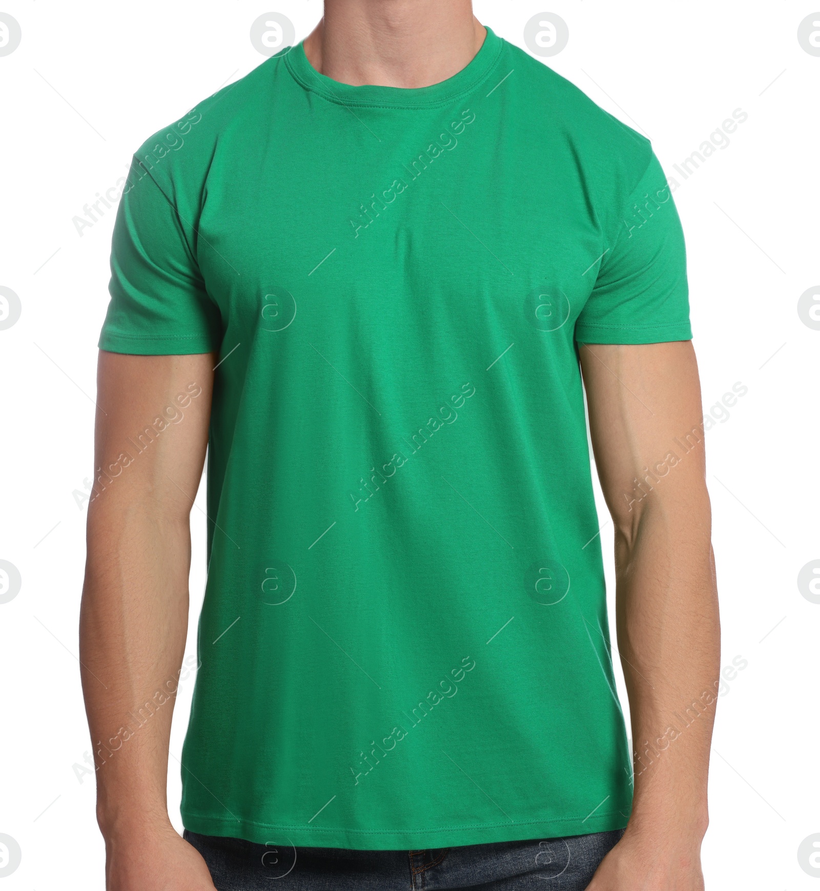 Photo of Man wearing green t-shirt on white background, closeup. Mockup for design