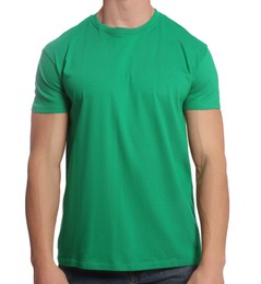 Photo of Man wearing green t-shirt on white background, closeup. Mockup for design