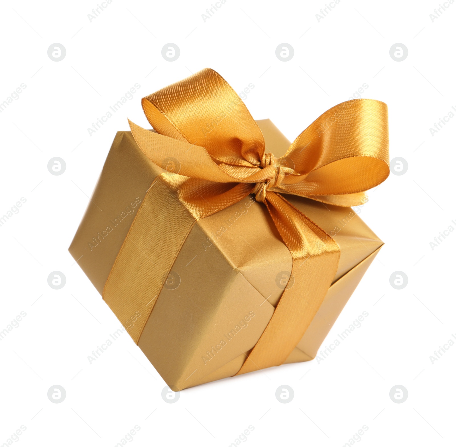 Photo of Gift box with golden ribbon and bow on white background