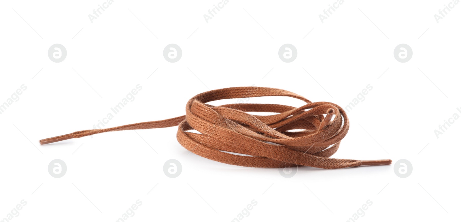 Photo of Brown shoe laces isolated on white. Stylish accessory