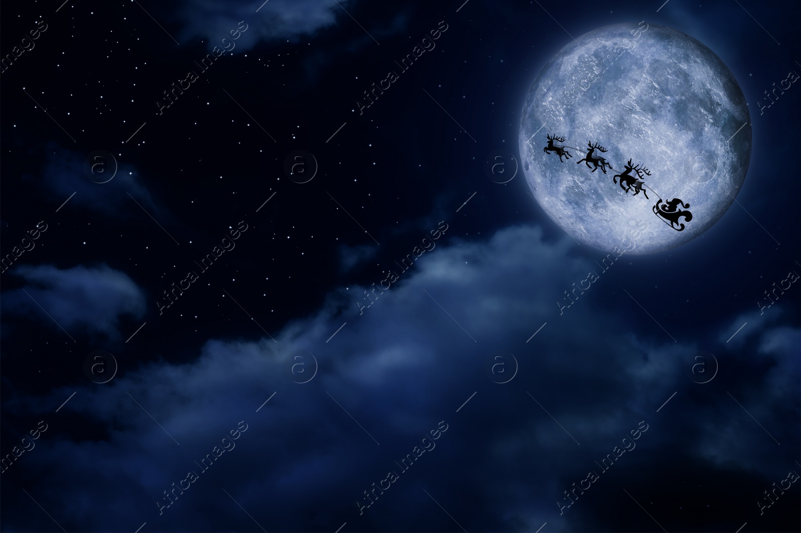 Image of Magic Christmas eve. Santa with reindeers flying in sky on full moon night