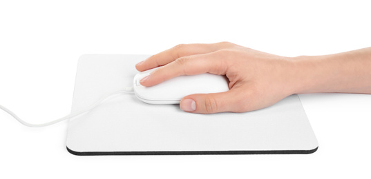 Photo of Woman with wired mouse and pad isolated on white, closeup