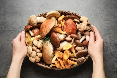 Photo of Woman holding wicker bowl with different wild mushrooms at grey table, top view