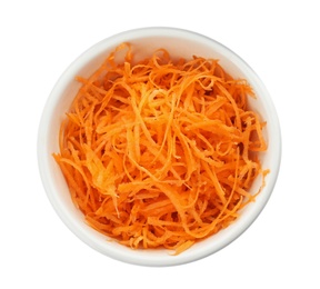 Photo of Bowl with grated ripe carrot on white background