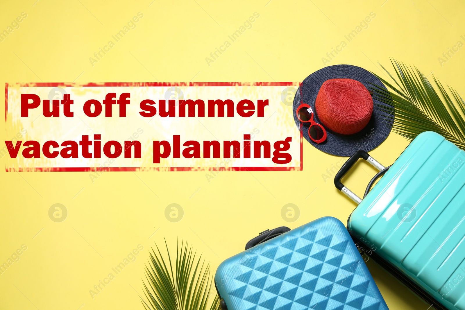 Image of Vacation cancellation concept. Flat lay composition with suitcases on yellow background