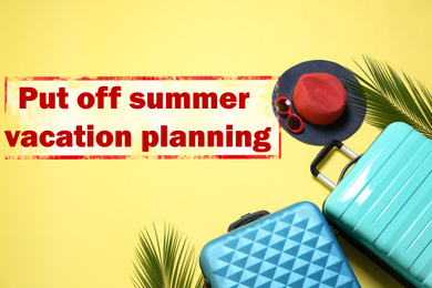 Image of Vacation cancellation concept. Flat lay composition with suitcases on yellow background