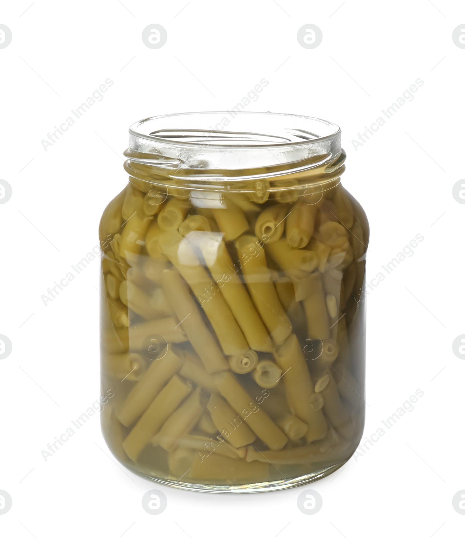 Photo of Canned green beans in jar isolated on white