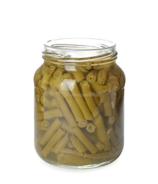 Canned green beans in jar isolated on white