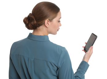 Photo of Young businesswoman with mobile phone on white background