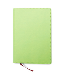 Photo of Stylish green notebook isolated on white, top view