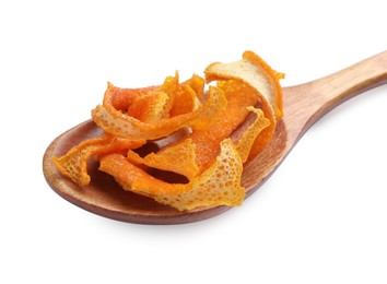 Photo of Wooden spoon with dry orange peels isolated on white