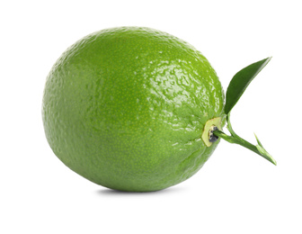 Photo of Fresh ripe lime with green leaf isolated on white