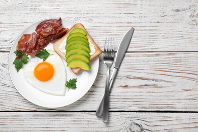 Photo of Romantic breakfast on white wooden table, flat lay with space for text. Valentine's day celebration