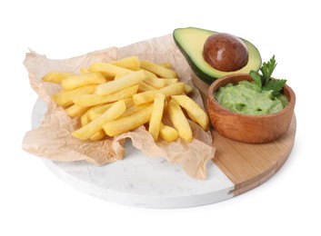 Photo of Tray with delicious french fries and avocado dip isolated on white
