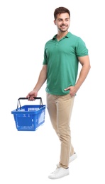 Photo of Young man with empty shopping basket isolated on white