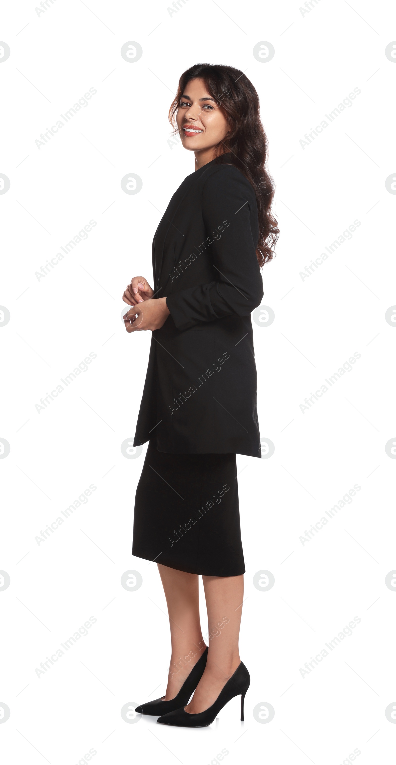 Photo of Full length portrait of hostess in uniform on white background