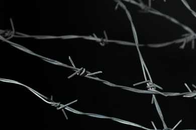 Photo of Metal barbed wire on black background, closeup