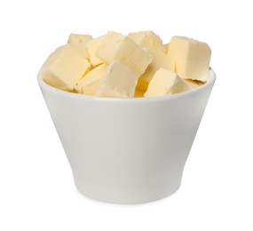 Tasty butter cubes in bowl isolated on white