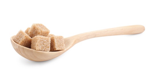 Photo of Brown sugar cubes in wooden spoon isolated on white