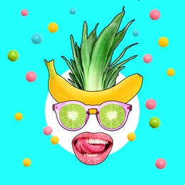 Image of Funny face with citrus sunglasses on colorful background. Summer party concept. Stylish creative collage design