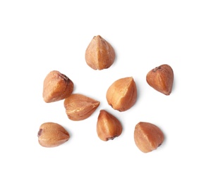 Buckwheat grains isolated on white, top view. Organic cereal