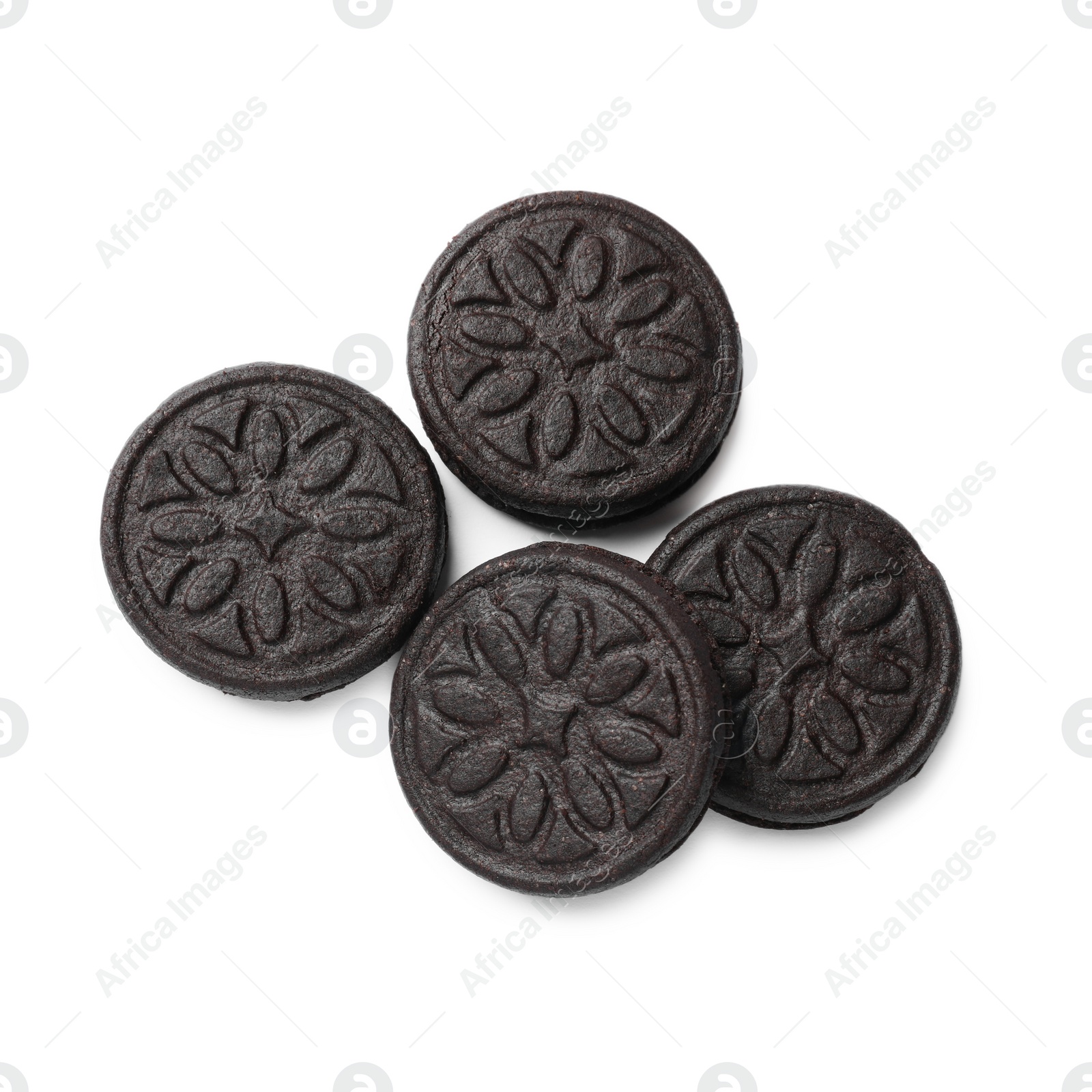 Photo of Tasty sweet sandwich cookies isolated on white, top view