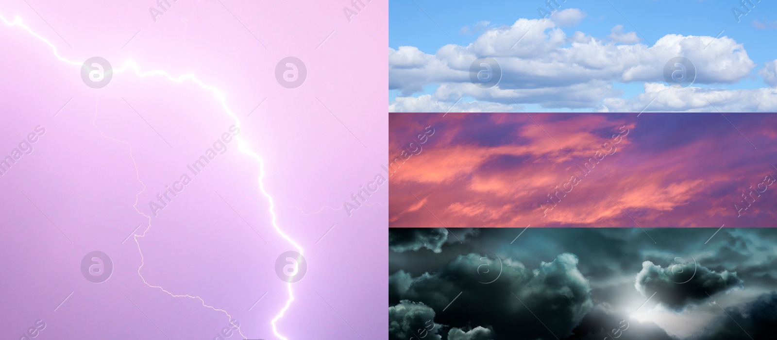 Image of Different weather conditions, banner design. Collage with photos of sky