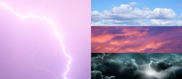 Image of Different weather conditions, banner design. Collage with photos of sky