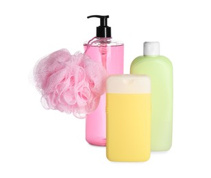 Photo of Different shower gel bottles and bast wisp on white background