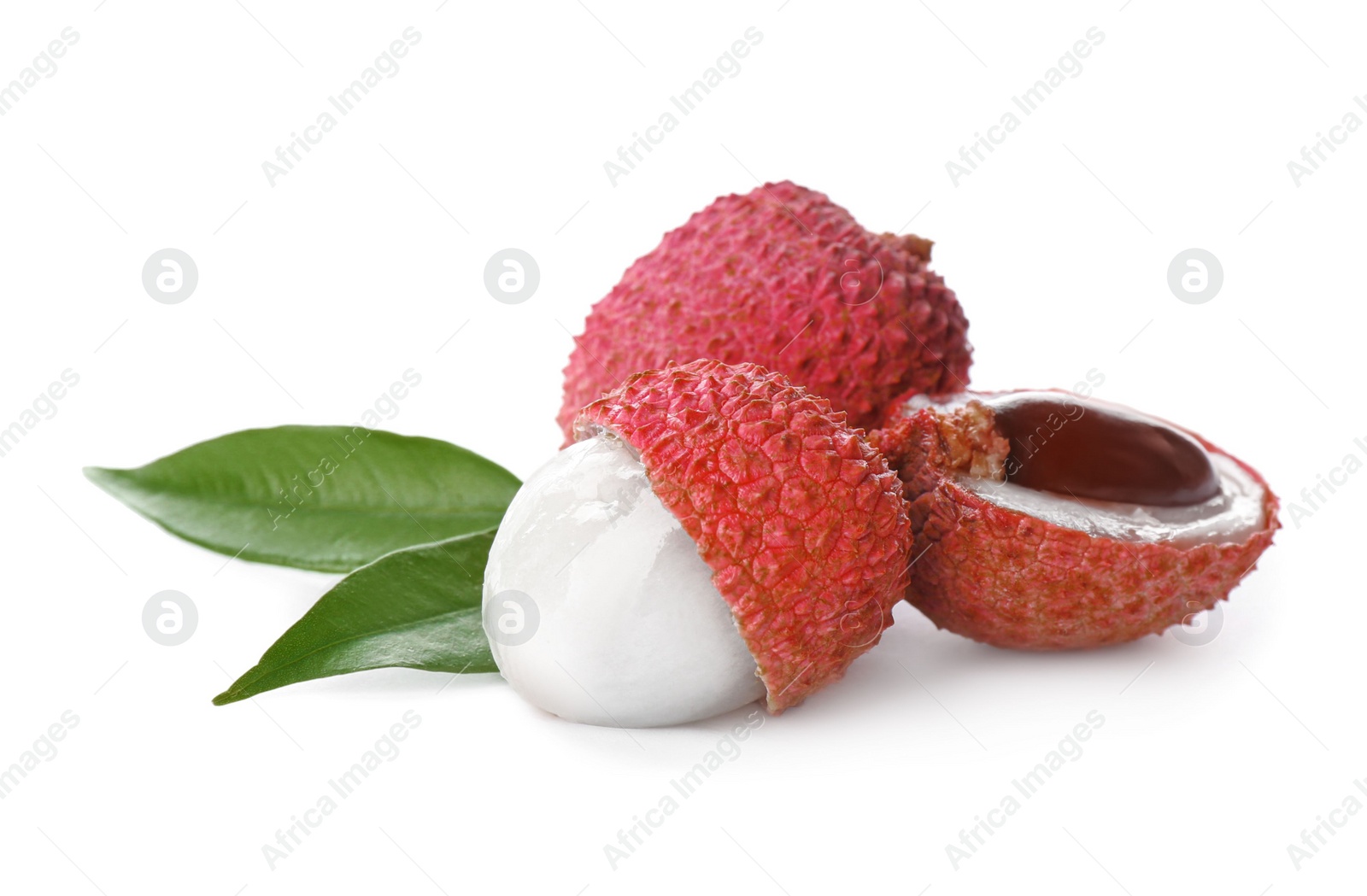 Photo of Fresh ripe lychees with green leaves on white background